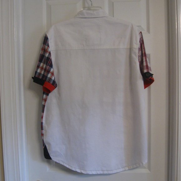 Denim Distillery Mens Short Sleeve Patchwork Plaid Shirt sz L Red White Blue - Picture 8 of 11